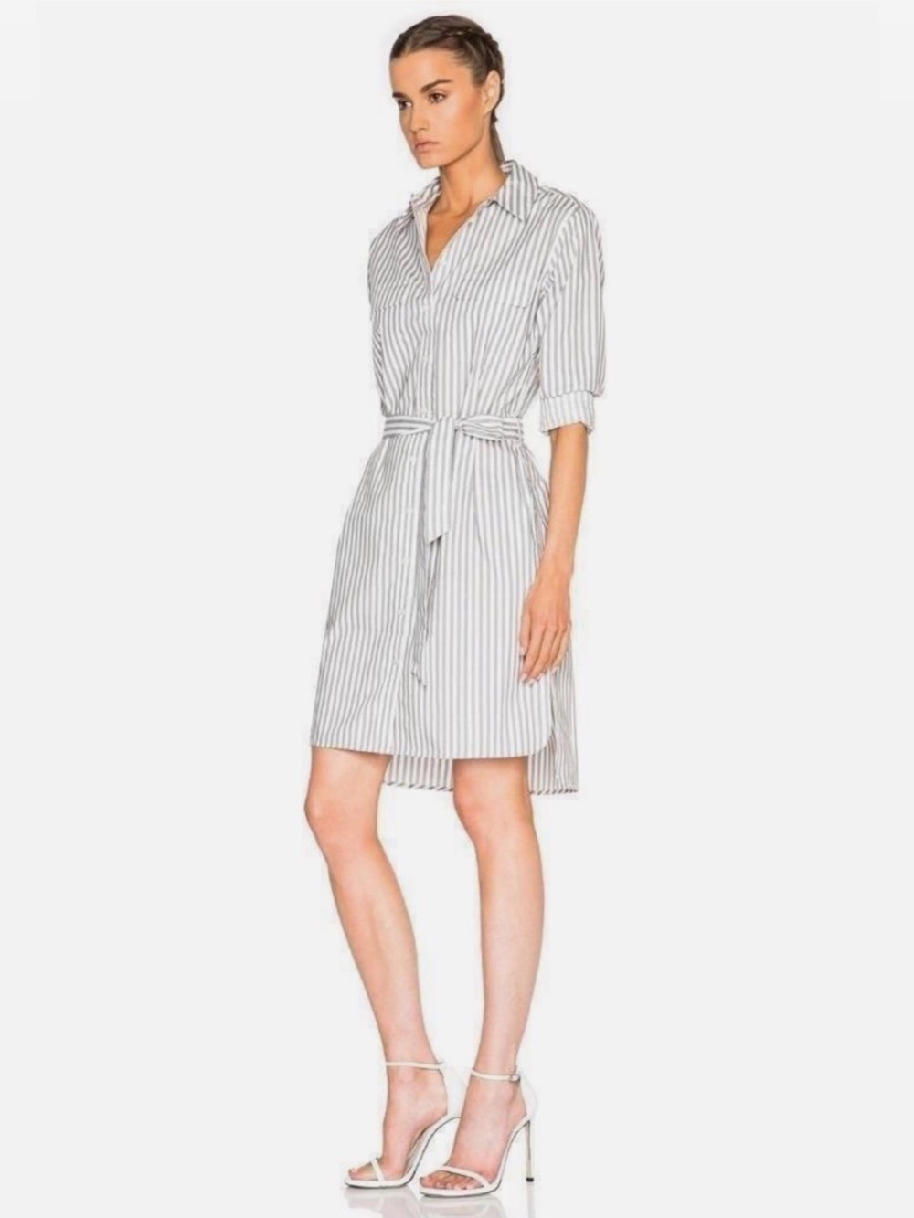 EQUIPMENT FEMME Striped Shirt Dress Size M Grey White Cotton Long Sleeve Pockets